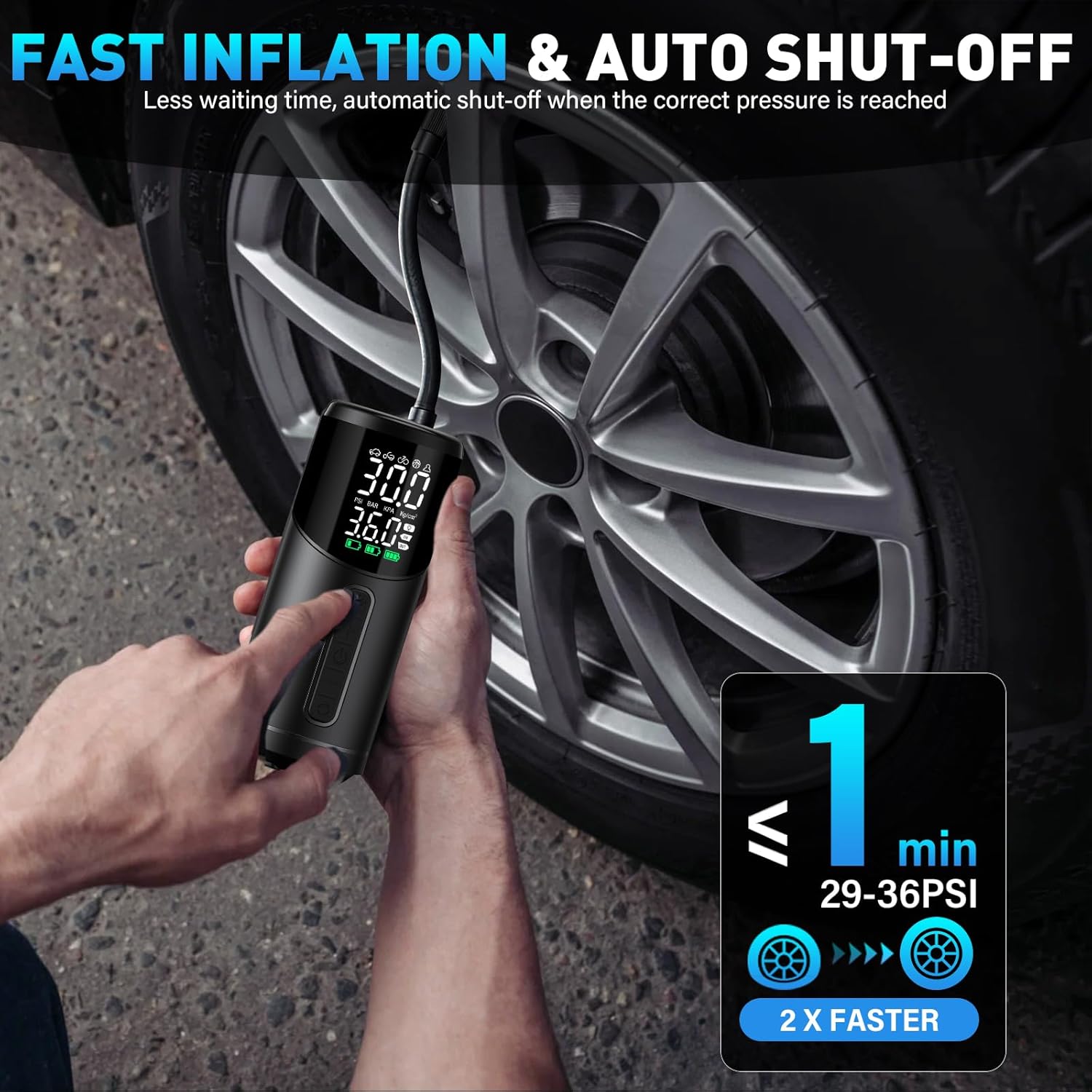 Elektrische Luftpumpe, Akku Kompressor 150PSI Tragbare Fahrradpumpe mit LED-Anzeige & LED-Licht für Auto, Motorrad, Roller, Fahrrad, Bälle – Bild 4