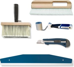 Tapezierset Vliestapete Tapezierwerkzeug Schneidehilfe, Tapezierwischer, Quast, Cutter, Nahtroller, 5-teilig