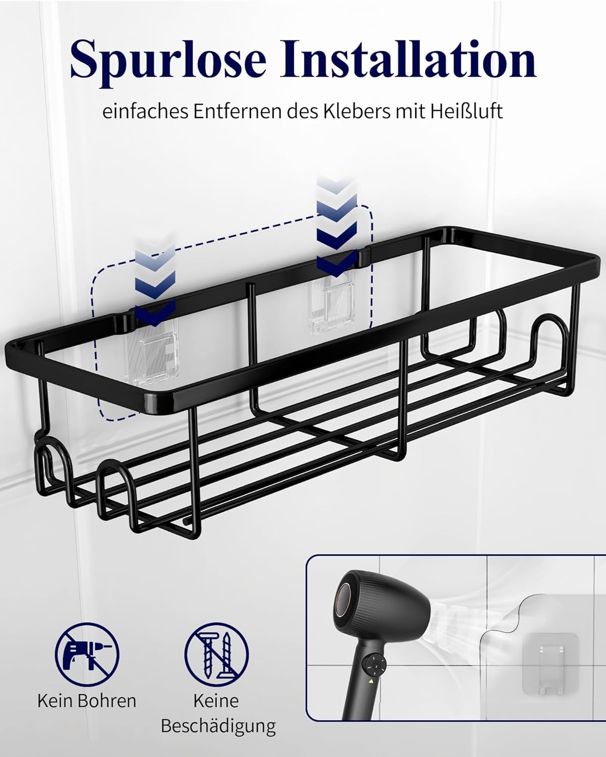 Kitsure Duschablage ohne Bohren - 2 Stück rostfreie Badezimmer Organizer, schnell trocknende Badregal, mit großer Kapazität, langlebige Shampoo Halterung für Dusche aus Edelstahl, Large, Schwarz – Bild 3