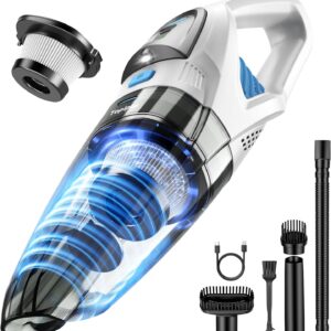 Handstaubsauger Akku mit 25000Pa Starke Saugkraft,Kabelloser Staubsauger mit HEPA-Filter & Aufsätzen–Leichter Autostaubsauger für Tierhaare,Teppich Haus,Büro,Küche (Weiß)