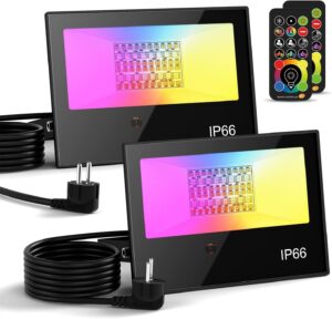 RGB LED Strahler Außen mit Fernbedienung, 2PCS RGBW 5000LM Dimmbar Farben Außenstrahler Outdoor, 3000K Warmweiß Fluter Flutlichtstrahler Farbwechsel Beleuchtung Flutlicht Garten IP66 Wasserdicht