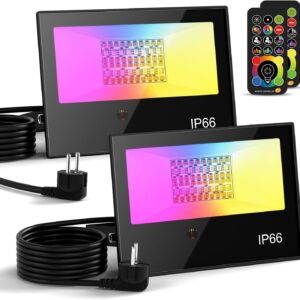 RGB LED Strahler Außen mit Fernbedienung, 2PCS RGBW 5000LM Dimmbar Farben Außenstrahler Outdoor, 3000K Warmweiß Fluter Flutlichtstrahler Farbwechsel Beleuchtung Flutlicht Garten IP66 Wasserdicht