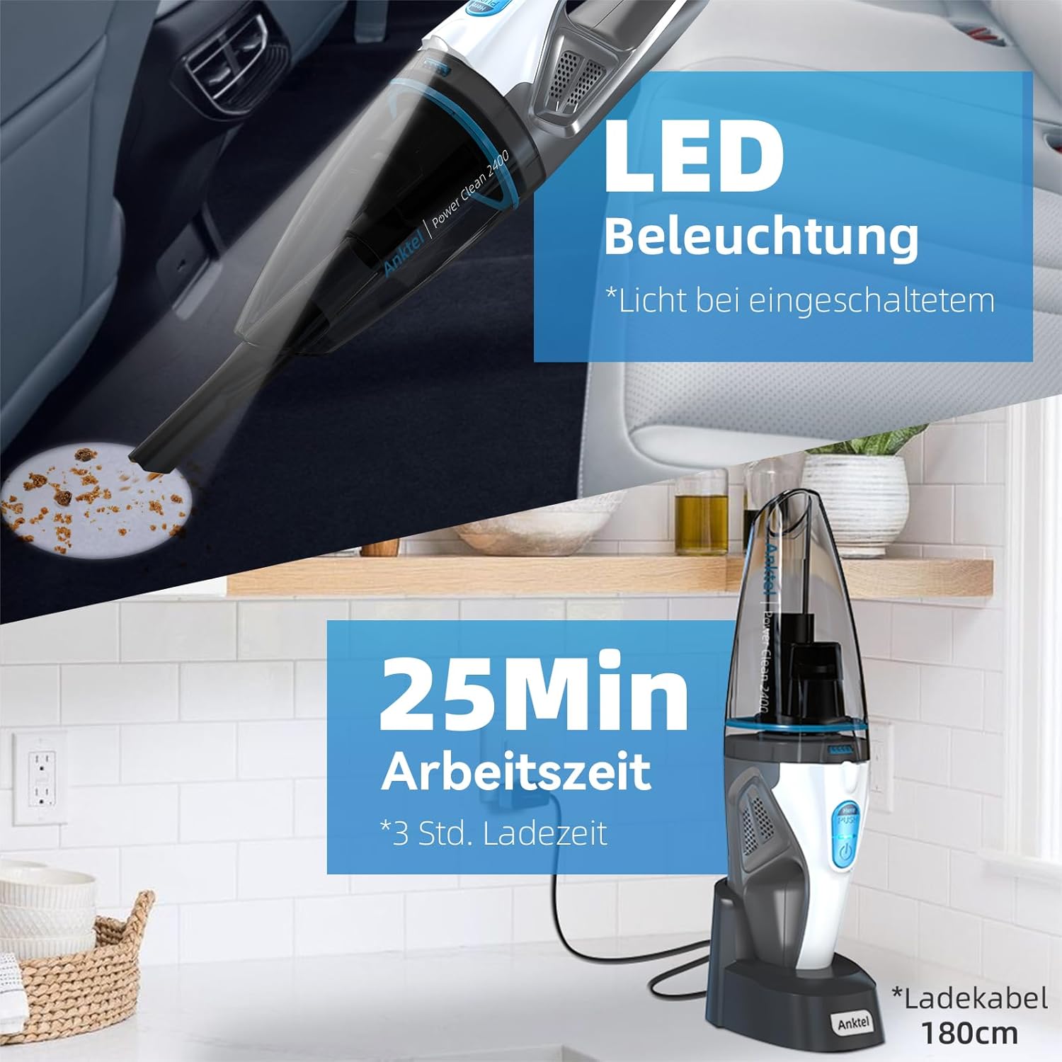 Handstaubsauger mit Ladestation& LED Beleuchtung -PowerClean 2400- Handstaubsauger Akku Kabellos Nass&Trocken Handsauger mit Waschbar HEPA-Filter Beutellos per Auto, Haus – Bild 3