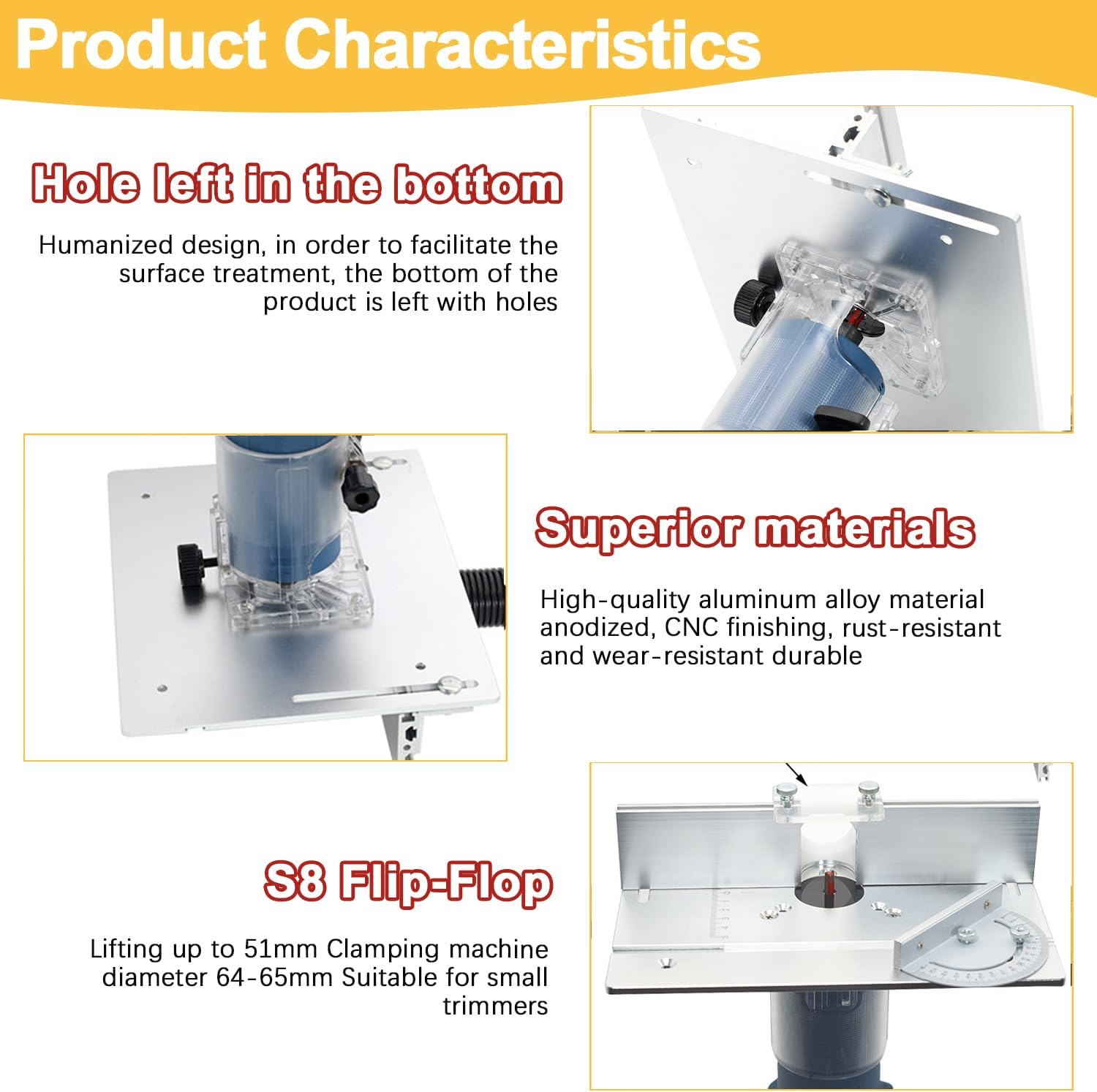 Frästisch für Oberfräse Einlegeplatte Set, OberfräSentisch und Tischfräsmaschine, Router Table, Planfräsvorrichtung, Maximum Lift 51mm, TischfräSe zum Nuten Zapfenschneiden BesäUmen(Silber+Rot) – Bild 5