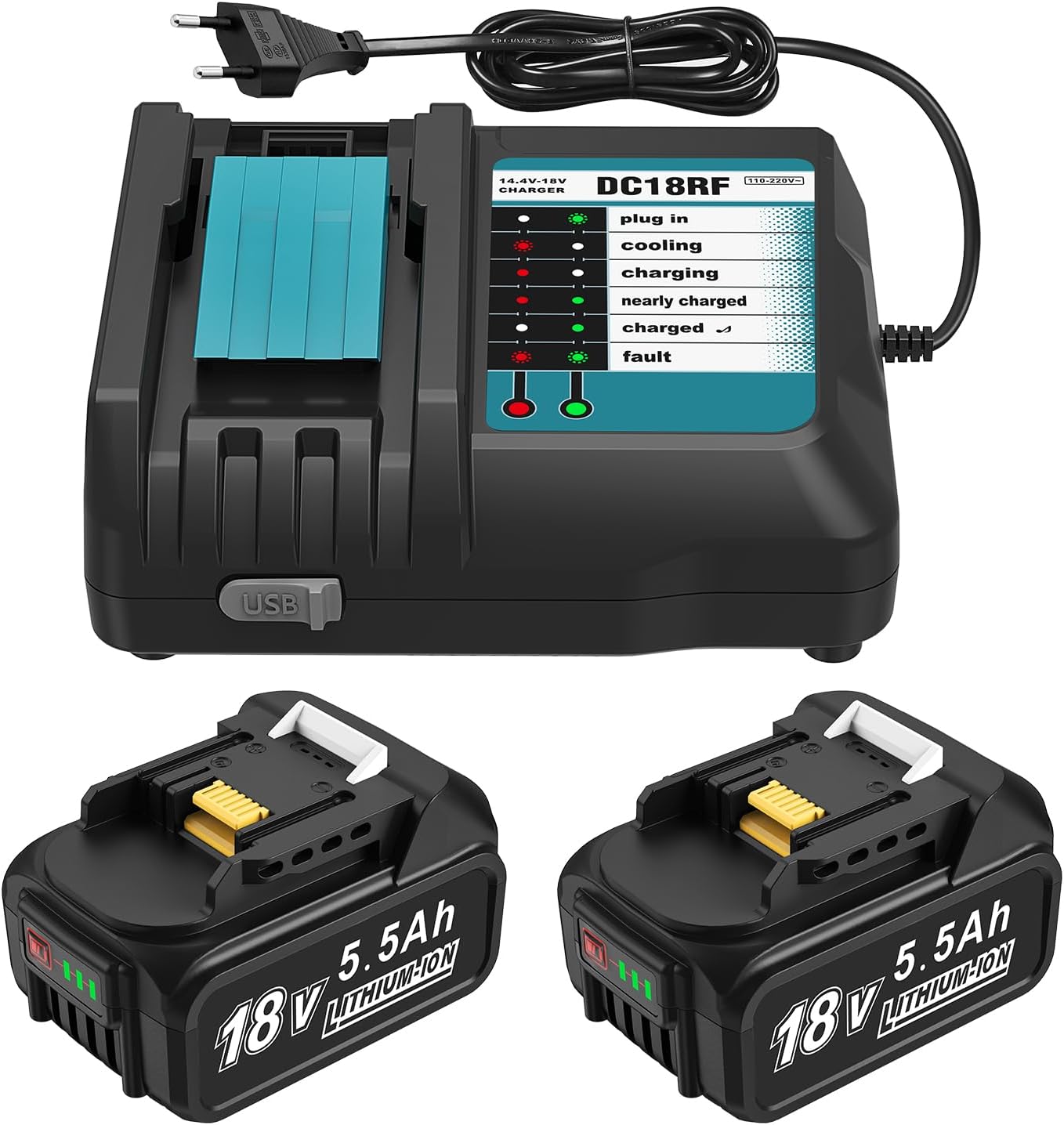 DC18RC 18V Ladegerät + 2 Stück 5,5Ah Ersatzakku Kompatibel mit Makita Akku und Ladegerät, 18V ErsatzAkkus BL1860B BL1850B BL1860 BL1850 BL1840