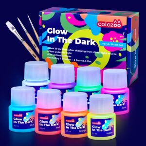 Glow in the Dark Acryl Farben Set | 8x20ml Fluoreszierende Farbe + 3 Pinsel | Die Nachtleuchtend Acrylfarben sind Dauerhaft auf jede Oberflächen