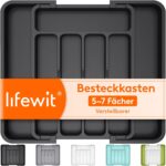Lifewit Besteckkasten für Schublade, Verstellbarer Besteckhalter Kunststoff Besteckständer, Breite von 23 auf 38 cm, Utensilienhalter Küche Tiefe 32 cm, Küchen Organizer für Löffel/Gabeln, Schwarz