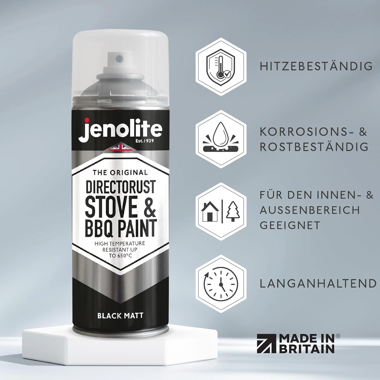 JENOLITE Directorust Grill & Ofen Sprühfarbe - Schwarz Matt I 400ml | Hitzebeständiger Lack I Hochtemperatur Lack bis 650°C I Grill Spray, Ofenlack, Kaminlack, Grillkamin Farbe, Auspufflack & mehr – Bild 2