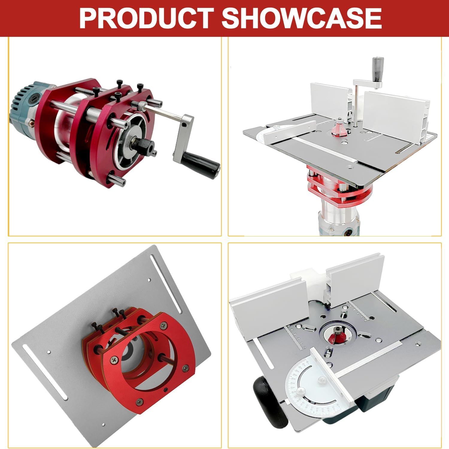 Frästisch für Oberfräse Einlegeplatte Set, OberfräSentisch und Tischfräsmaschine, Router Table, Planfräsvorrichtung, Maximum Lift 51mm, TischfräSe zum Nuten Zapfenschneiden BesäUmen(Silber+Rot) – Bild 4