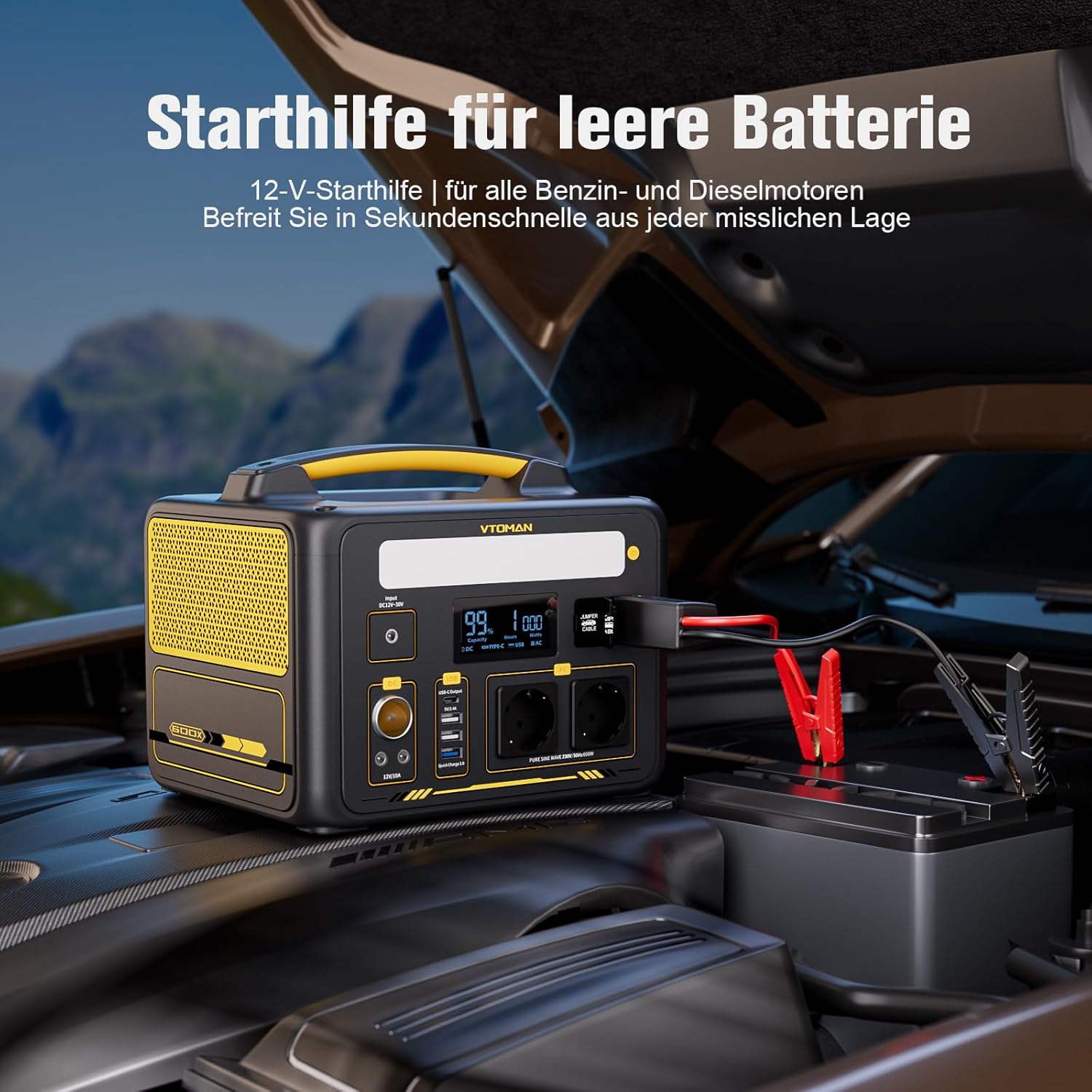 VTOMAN Jump 600X Tragbare Powerstation 600W mit Überbrückungskabel- 299Wh Solar Generator LiFePO4 Akku Stromgenerator Mobile Stromspeicher, Erweiterbare Kapazität für Camping Notfall – Bild 4