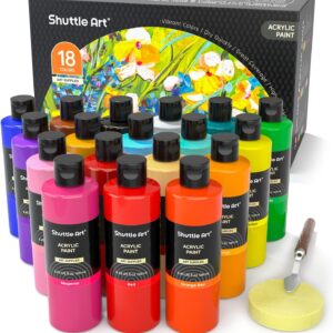 Shuttle Art Acrylfarben Set, 18 Acrylfarben in Flaschen (je 250ml, 8,45oz), hochpigmentierte Acrylfarbe, Premiume Acrylfarbe für Künstler, Anfänger und Erwachsene auf Steine, Leinwand, Holz geeignet