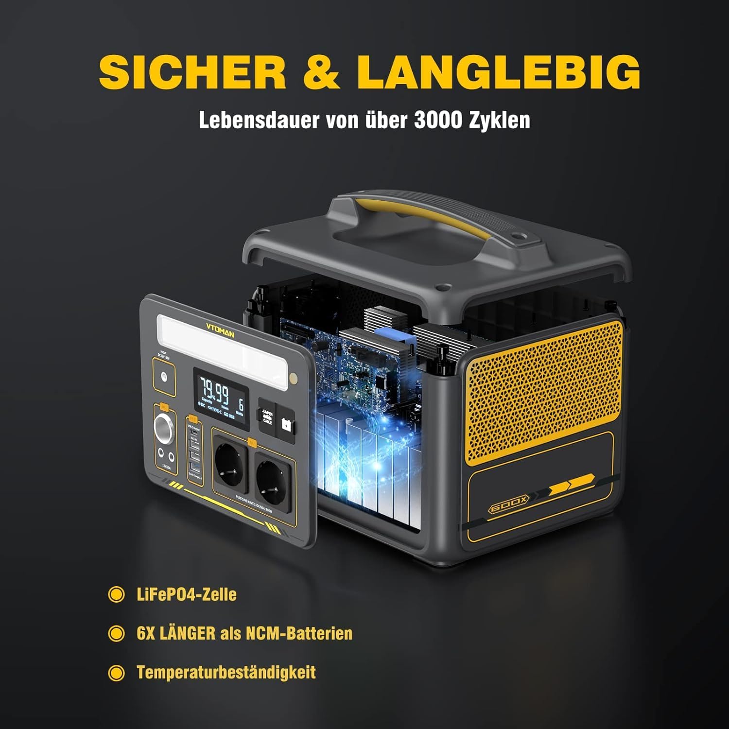VTOMAN Jump 600X Tragbare Powerstation 600W mit Überbrückungskabel- 299Wh Solar Generator LiFePO4 Akku Stromgenerator Mobile Stromspeicher, Erweiterbare Kapazität für Camping Notfall – Bild 3