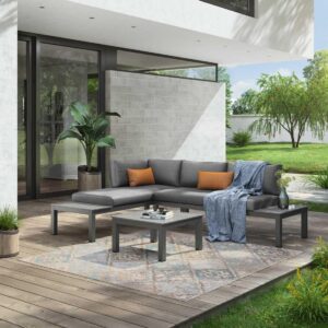 OUTLIV. Gartenlounge Morsum, Gartenmöbel-Set Aluminium, Wetterfest, pflegeleicht, beidseitig montierbar, inklusive Kissen, 164x238x69 cm, Grau