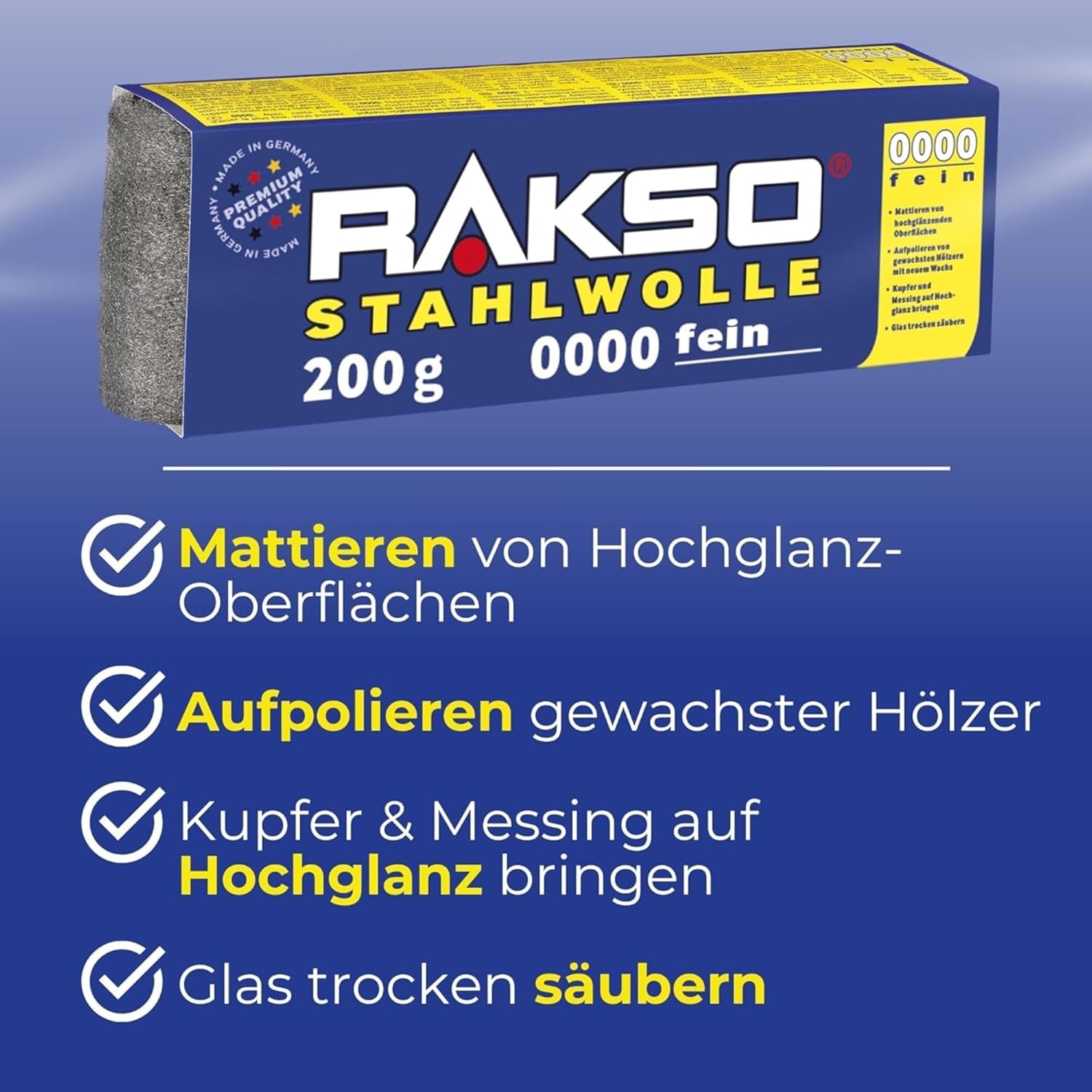 RAKSO Stahlwolle extrafein 0000-200g, 1 Banderole, poliert gewachstes Holz, Kupfer, Messing, mattiert Oberflächen, säubert Glas – Bild 2