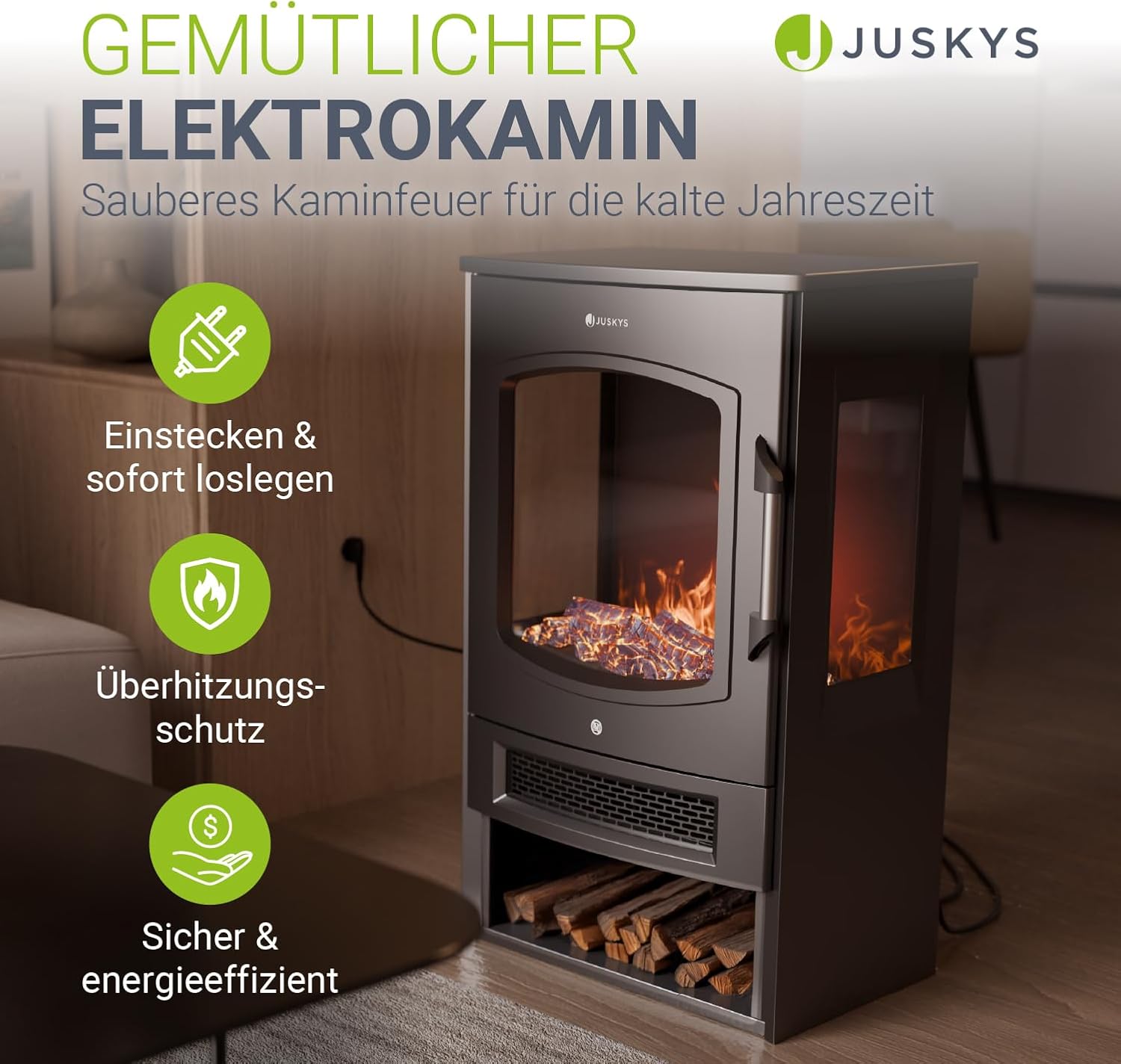 Juskys Elektrokamin 1800W – Schwarz, elektrischer Standkamin mit LED-Flammeneffekt, WLAN/App-Steuerung, Fernbedienung – Bild 2
