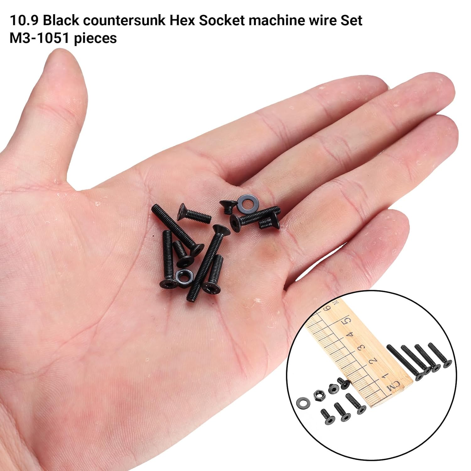 1051 Stück M3 Schrauben Set, M3 Senkkopfschrauben Set, Flachkopf Innensechskantschrauben Muttern Set, Maschinenschrauben mit Muttern und Unterlegscheiben Set Schwarz, Gewindeschrauben und Muttern Set – Bild 3