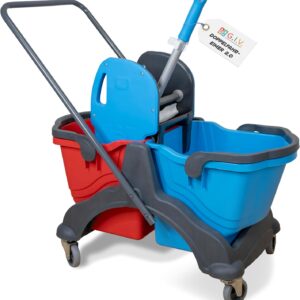 Putzwagen mit Wischmopp Presse & Ablagekorb - Doppelfahreimer mit 2X 18L Eimern rot/blau für Gebäudereinigung - Putzeimer - Reinigungswagen für Industrie Gewerbe & Haushalt