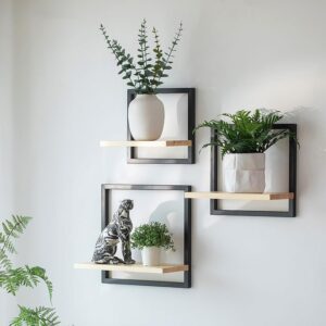 Schwarz Wandregal Metall für Wohnzimmer: 3er Set Quadratische Regal Wand Modern Wanddeko Regale für Wände Wandboard für Schlafzimmer Badezimmer Ecke