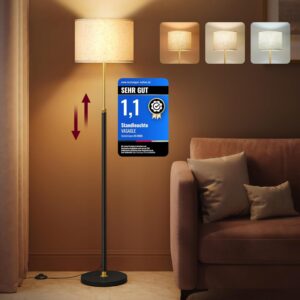 VASAGLE Stehleuchte, Standleuchte, Stehlampe, höhenverstellbare Leselampe, 140-170 cm hoch, modern, mit Fußtaster, Lampenschirm aus Stoff, E27 Fassung, gold-schwarz LFL002B02