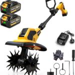 Elektro Gartenfräse mit 2 x 4000mAh 21V Akkus Bürstenlos Bodenhacke 360RPM Bodenfräse mit Stahlzinken, 24 cm Arbeitsbreite und 17 cm Tiefe tillser, Ideal für Bodenbearbeitung