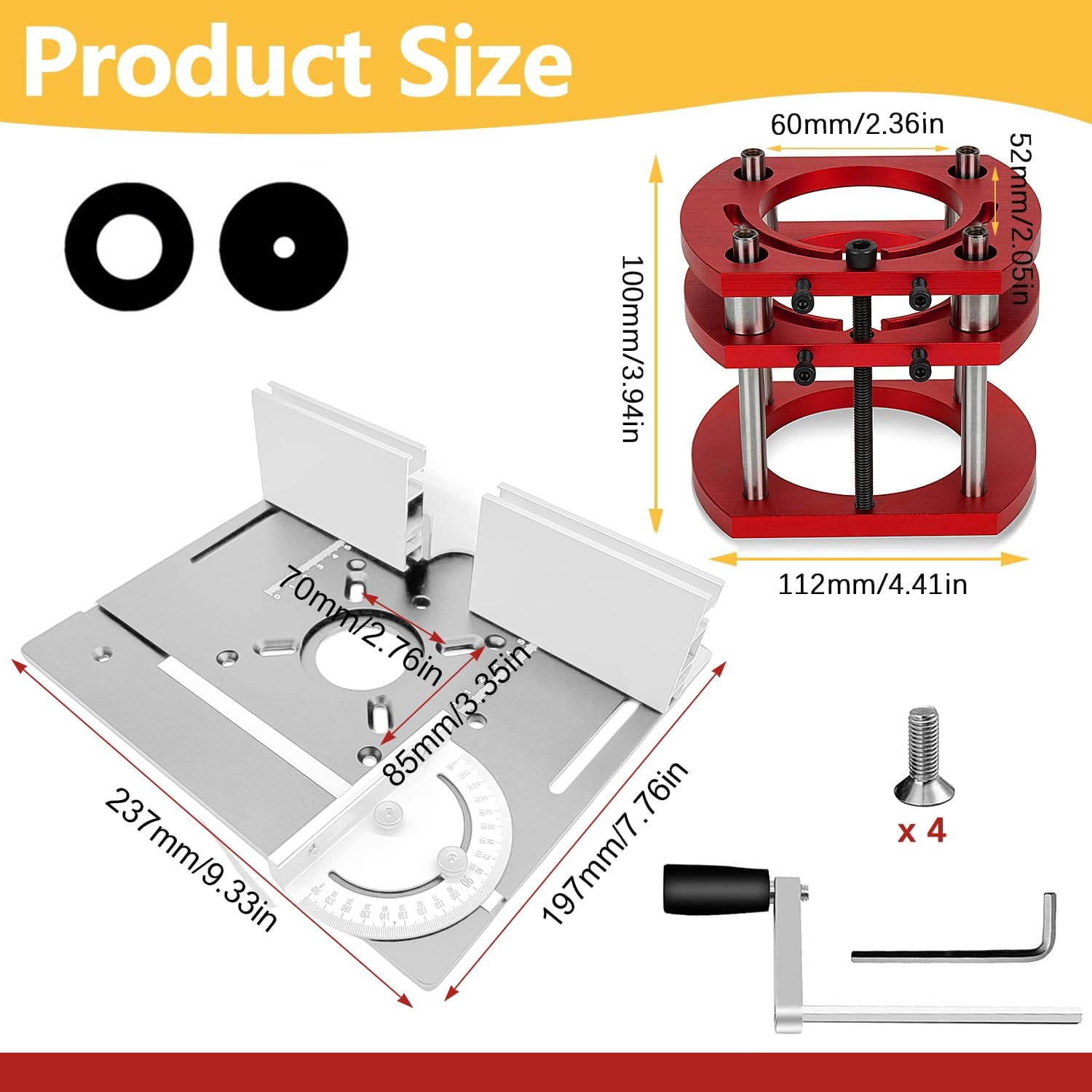 Frästisch für Oberfräse Einlegeplatte Set, OberfräSentisch und Tischfräsmaschine, Router Table, Planfräsvorrichtung, Maximum Lift 51mm, TischfräSe zum Nuten Zapfenschneiden BesäUmen(Silber+Rot) – Bild 2