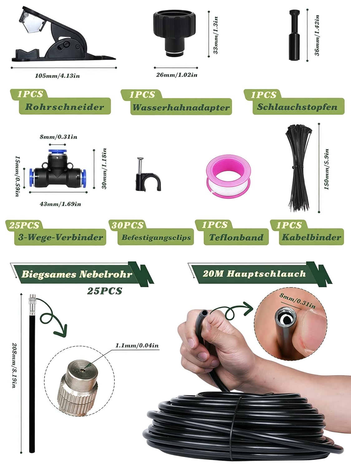 Bewässerungssystem Garten bewässerung 20 m Tropfbewässerungssystem, Gartenbewässerungssystem Gewächshaus, 25 Biegsames Nebelrohr, für Garten, Gewächshaus, Terrasse, Balkon – Bild 2