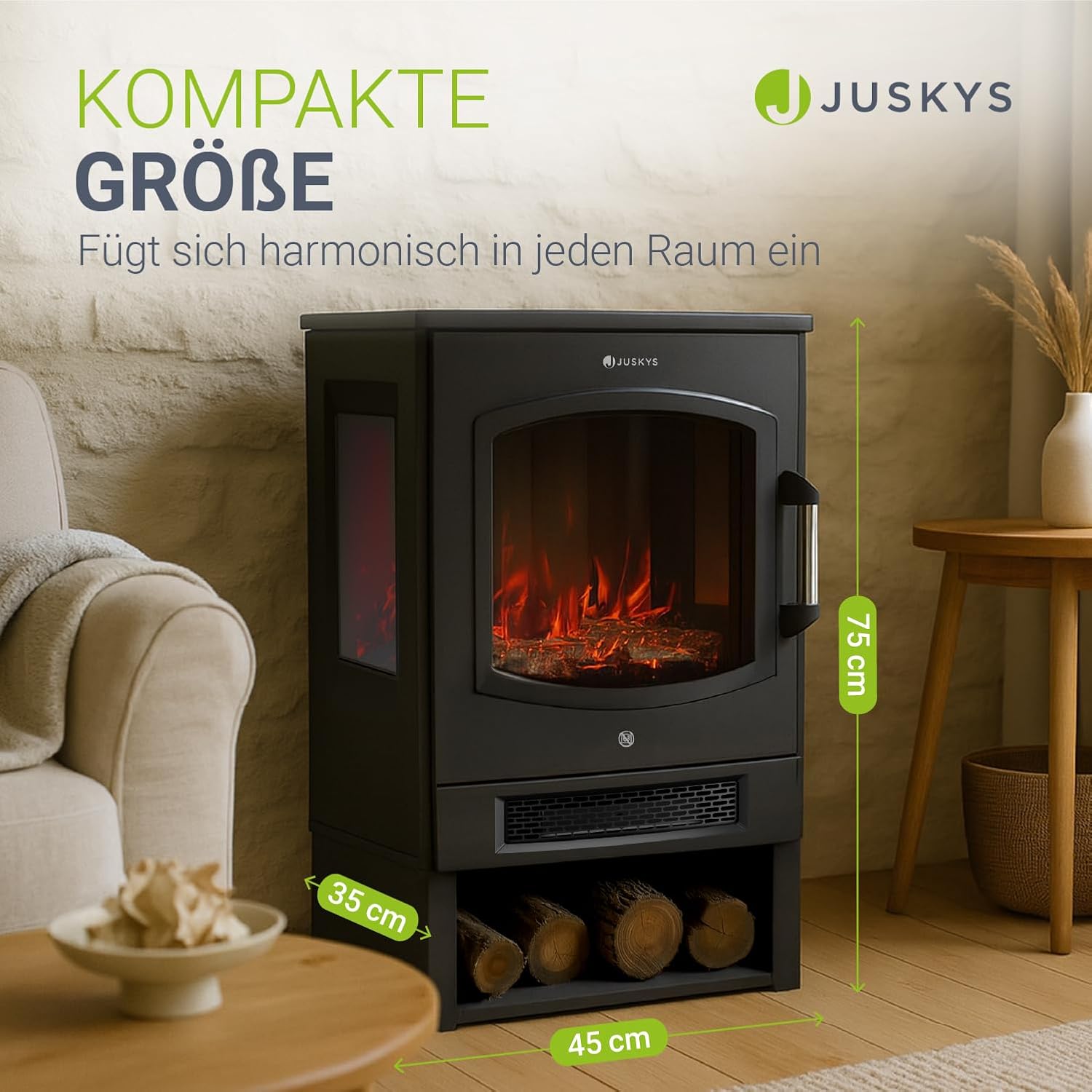 Juskys Elektrokamin 1800W – Schwarz, elektrischer Standkamin mit LED-Flammeneffekt, WLAN/App-Steuerung, Fernbedienung – Bild 5