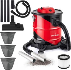 LEHMANN Haddo Industriestaubsauger 2000 W - Aschesauger für Kamin mit Doppelfilteranlage - Nass Trockensauger mit 20 L Edelstahltank - Kaminsauger mit HEPA-Filter - Blasfunktion - Rot/Schwarz