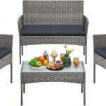 SONGMICS Gartenmöbel-Set, 4-teilig, Balkonmöbel aus PE-Polyrattan, Tisch, 2 Stühle, 2-Sitzer-Bank, Lounge-Möbel Outdoor, Terrassenmöbel, für Terrasse, Balkon, grau GGF004TZ01