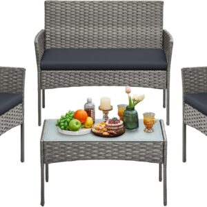SONGMICS Gartenmöbel-Set, 4-teilig, Balkonmöbel aus PE-Polyrattan, Tisch, 2 Stühle, 2-Sitzer-Bank, Lounge-Möbel Outdoor, Terrassenmöbel, für Terrasse, Balkon, grau GGF004TZ01