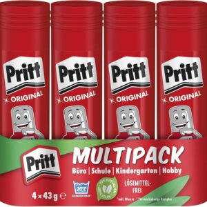 Pritt Klebestift, sicherer und kinderfreundlicher Kleber für Kunst und Bastelarbeiten, starker Klebstoff für Schule & Bürobedarf, 4x43g Pritt Stift