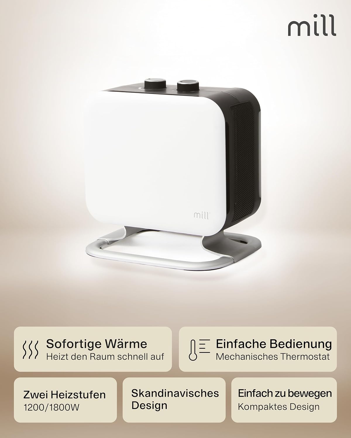 Mill Keramik Heizlüfter klein & leise 1800W, mobiler Heizstrahler für Innenraum 5-30m², Heizung elektrisch, Elektroheizung, Electric Heater, Heizgeräte für Innenräume, Elektro Heizkörper - weiß – Bild 3