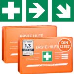 2x Erste Hilfe Kasten DIN 13157:2021 Small - Inkl. praktischer Wandhalterung, 5x Aufkleber, Gesichtsmasken & Feuchttücher - Verbandskasten DIN 13157 für Betriebe, Einrichtungen & Zuhause