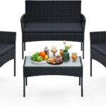 SONGMICS Gartenmöbel-Set, 4-teilig, Balkonmöbel aus PE-Polyrattan, Tisch, 2 Stühle, 2-Sitzer-Bank, Lounge-Möbel Outdoor, Terrassenmöbel, für Terrasse, Balkon, schwarz-grau GGF004B06