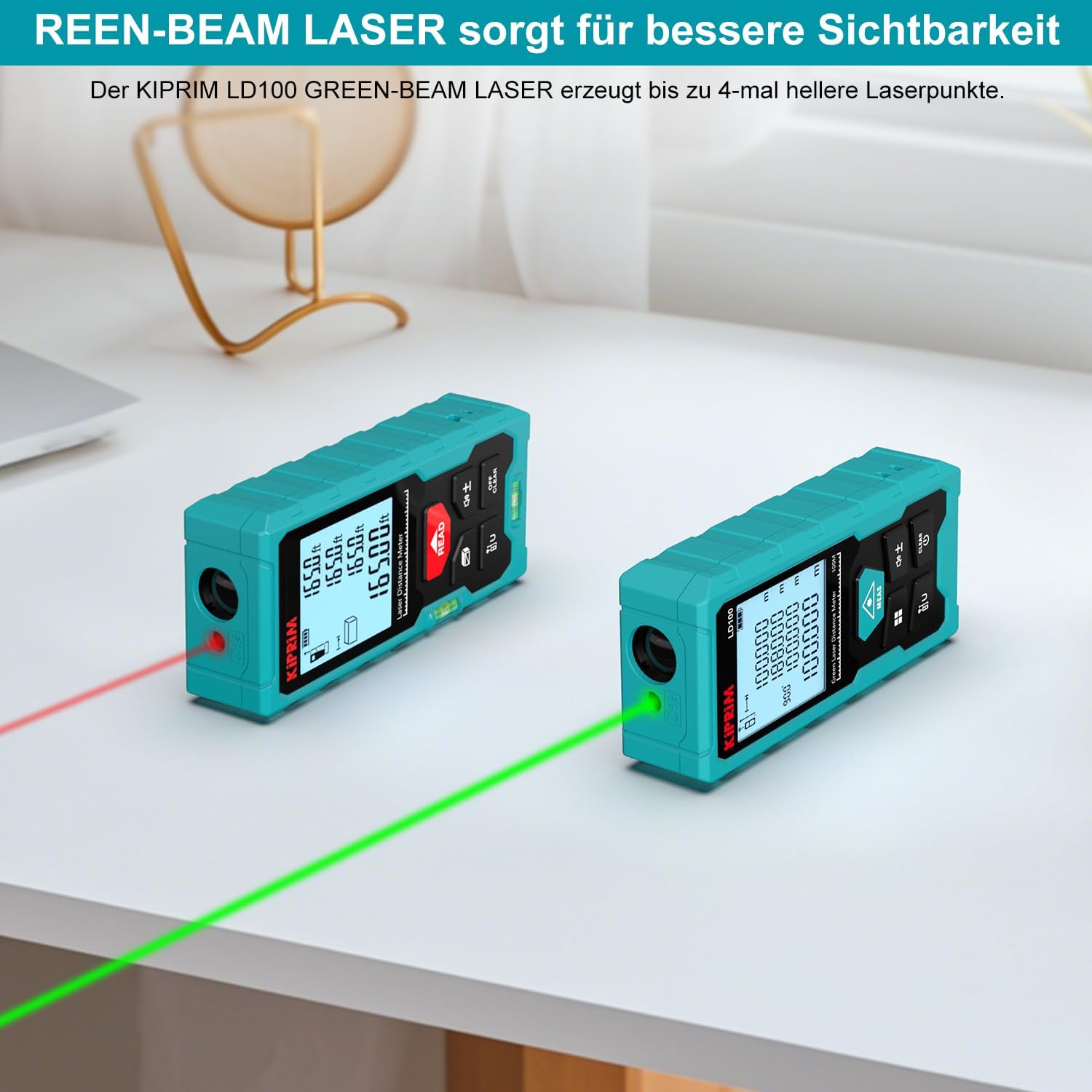 Kiprim Laser-Entfernungsmesser Grün, 100 m Digitales Messgerät mit USB-Typ-C-Akku, ±2 mm Genauigkeit, Elektronische Libelle, 10 Messmodi, Klasse II Laser, Reflektorplatte, LD100 – Bild 2