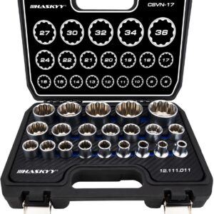 HASKYY Steckschlüsselsatz Vielzahn XZN 8-36mm Steckschlüssel Nusskasten Satz 6 und 12 Kant 1/2" Zoll Torx Stecknüsse System 21-teilig Außenvielzahn Schraubendreher-Set