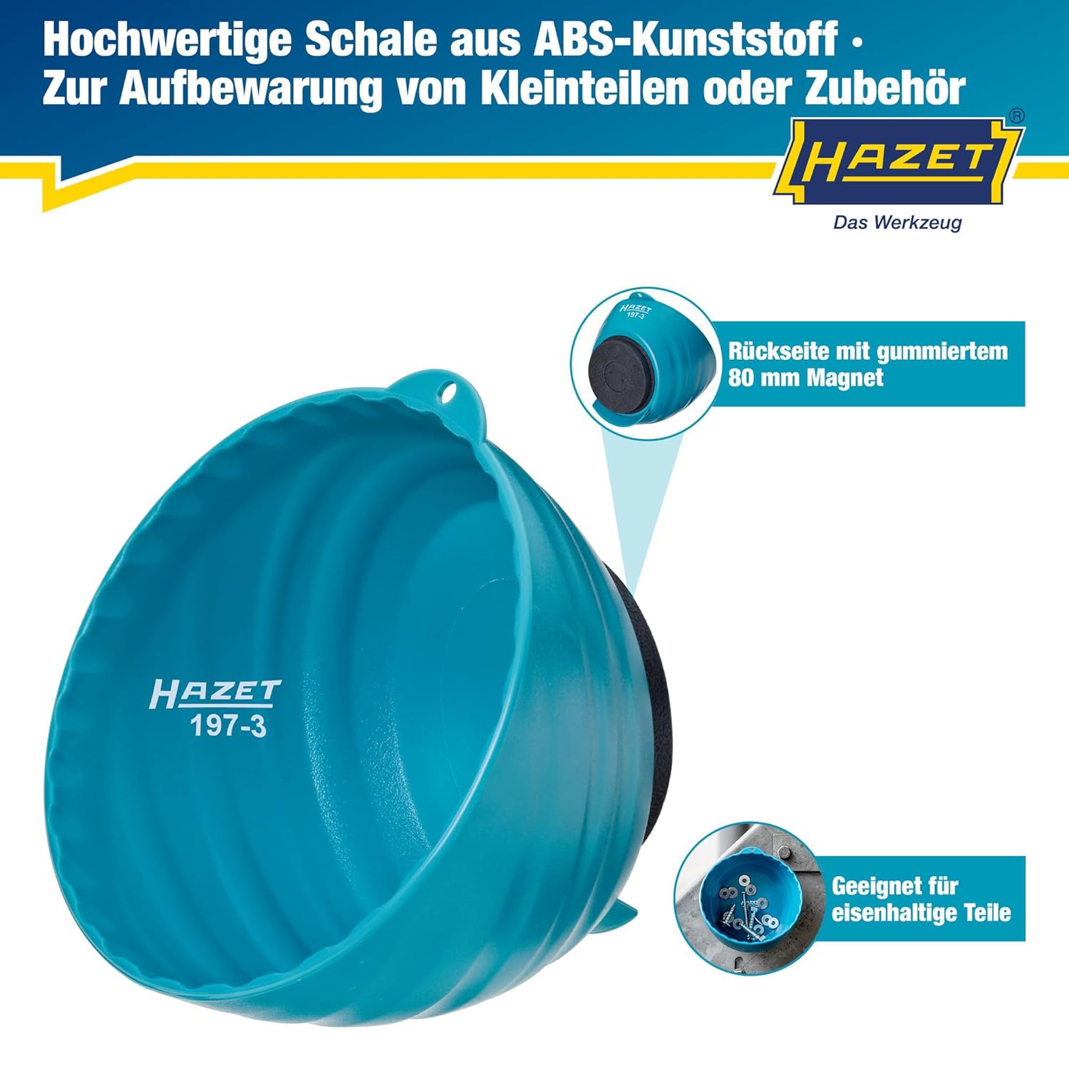 HAZET Magnetschale 197-3, 150 mm Durchmesser, aus leichtem Kunststoff mit robustem, starken Magnet - besonders praktisch zur Aufbewahrung von Kleinteilen wie Schrauben – Bild 3