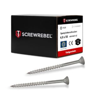 SCREW REBEL® Spanplattenschrauben 4x50 mm [100 Stück] – Edelstahl A2 rostfrei mit Teilgewinde & Senkkopf – TX20 Antrieb – Holzschrauben mit ETA-Zulassung