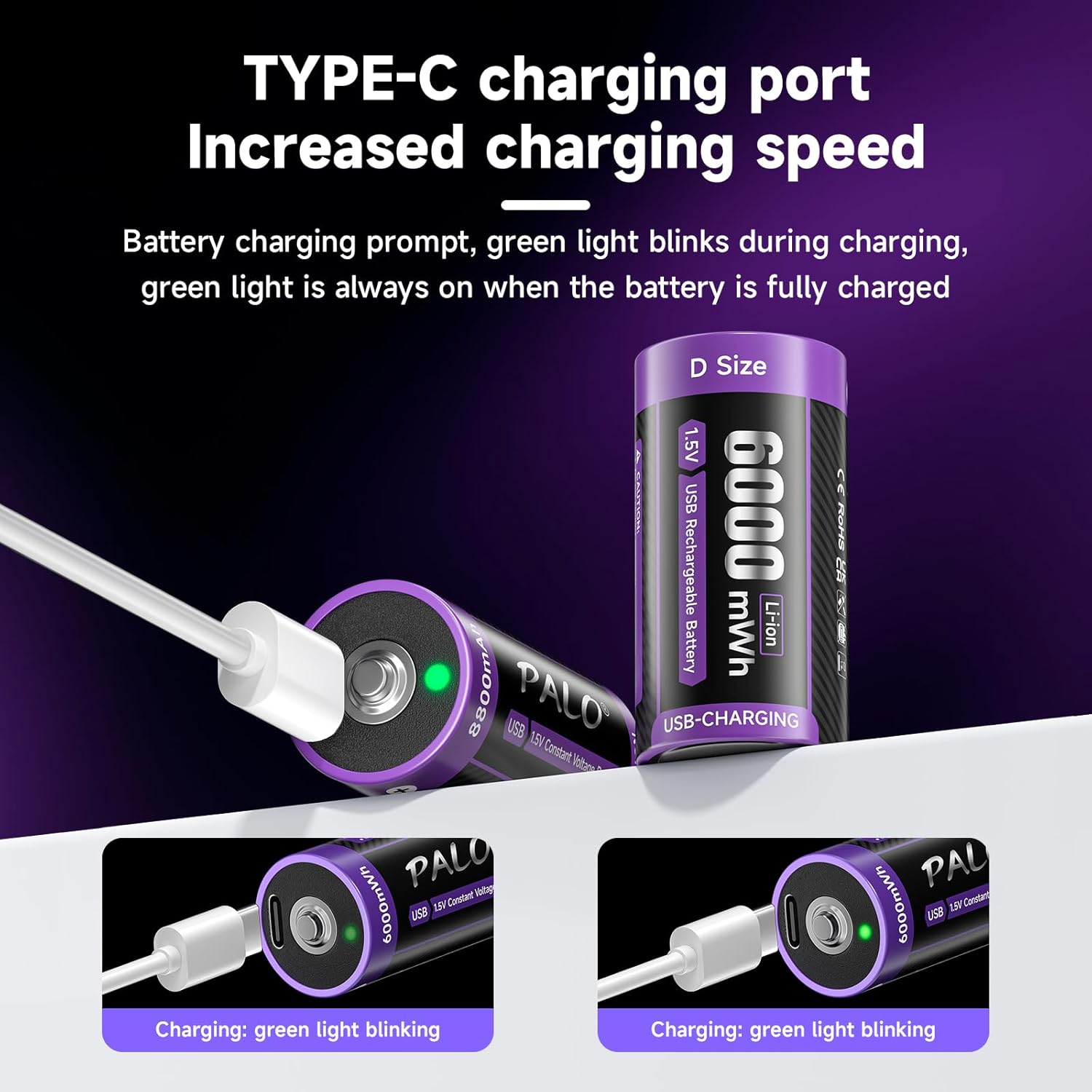 USB-C Baby C Akku Wiederaufladbar LR14 Akku 1,5V 6000mWh Lithium Schnellladung Typ-C mit Ladekabel, Geringe Selbstentladung, 1500+ Zyklus, mit Ladelicht, 4 Stück C Batterien – Bild 3