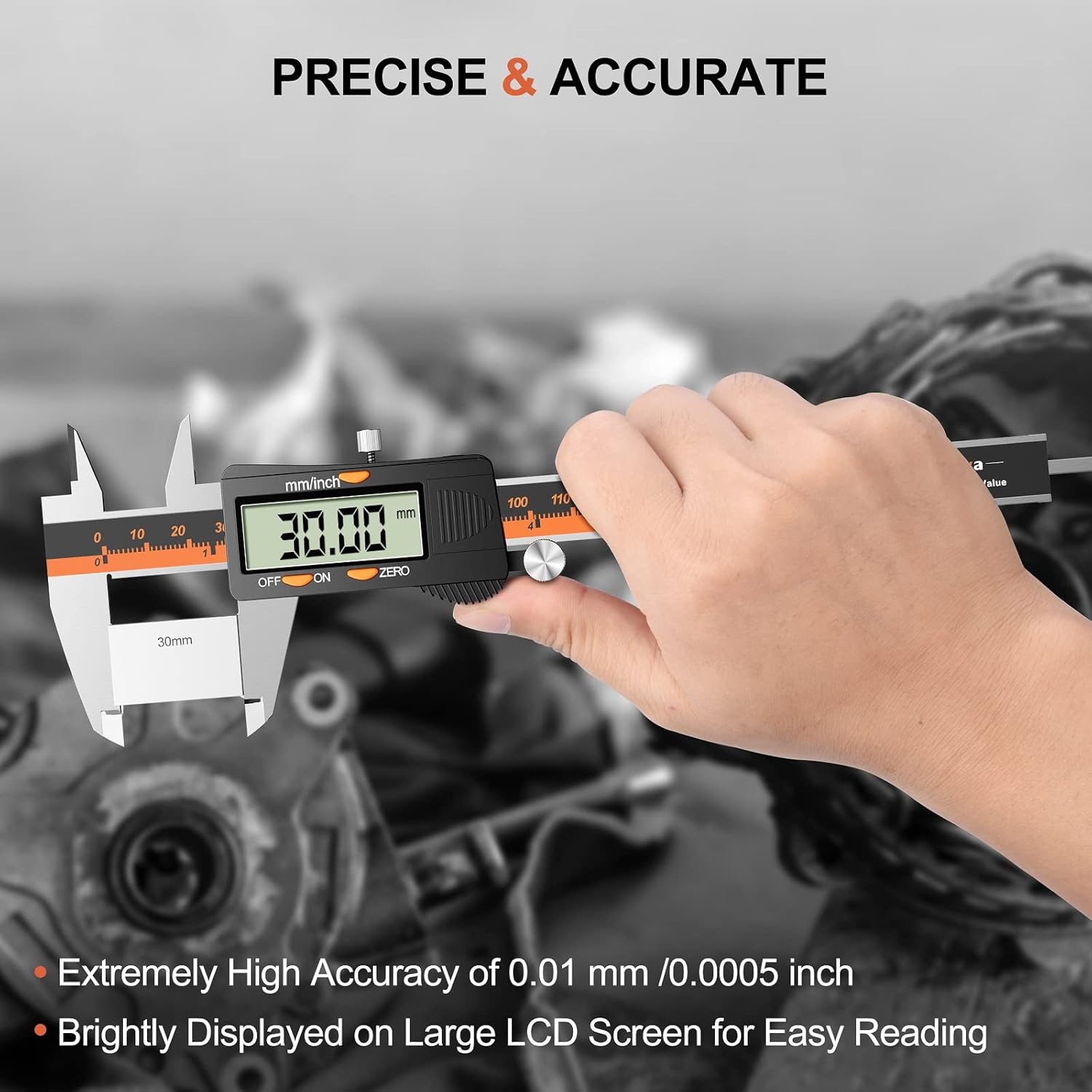 Messschieber Digitale Schieblehre, Preciva Edelstahl Messlehre Messwerkzeuge Spritzwasserdicht Staubdicht mit Ersatzbatterie und größem Display - 150 mm (schwarz) – Bild 3