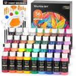 Shuttle Art Acrylfarben Set, 36 Acryl farben in Flaschen (je 60ml) mit 12 Pinselset & 1 Palette, ungiftige Acrylfarbe wasserfest für Künstler, Anfänger, Erwachsene auf Leinwand, Steine, Holz geeignet