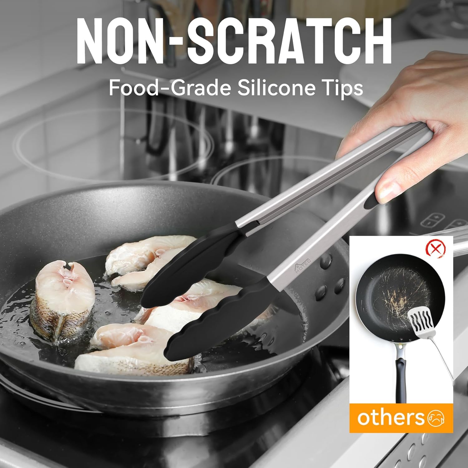 HOTEC Premium-Küchenzange aus Edelstahl, mit Verriegelung, Kochzange mit Silikonspitze, 2er-Set, 22,9 cm und 30,5 cm lange Zangen – Bild 3