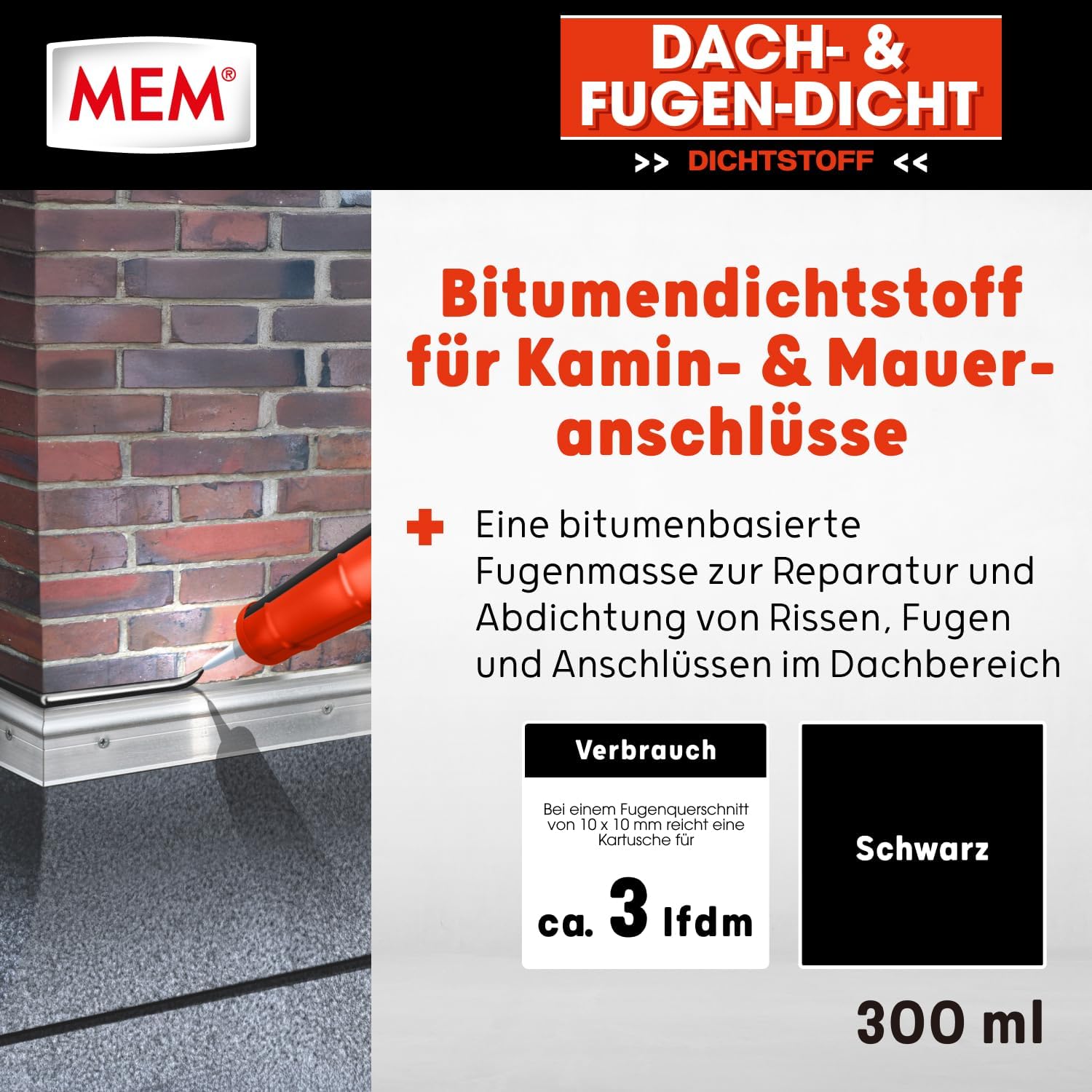 MEM Dach- und Fugendicht, Lösemittelfreie Bitumenmasse, Sehr gute Haftung auf vielen Untergründen, Schwarz, 300 g – Bild 2