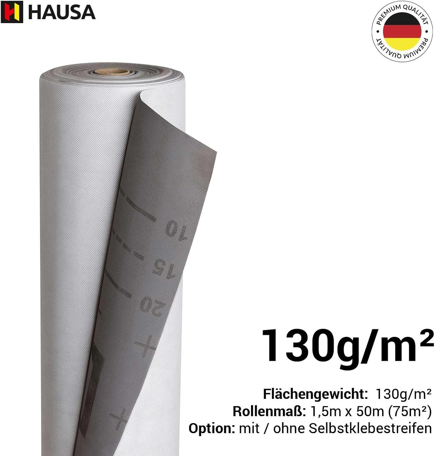 HAUSA Unterspannbahn 130g/m² grau 75 m² (1,5mx50m) hochdiffusionsoffene wasserdichte Unterdeckbahn witterungs- alterungsbeständig reißfest Schalungsbahn Ultra HU130 mit 2 Selbstklebestreifen – Bild 4