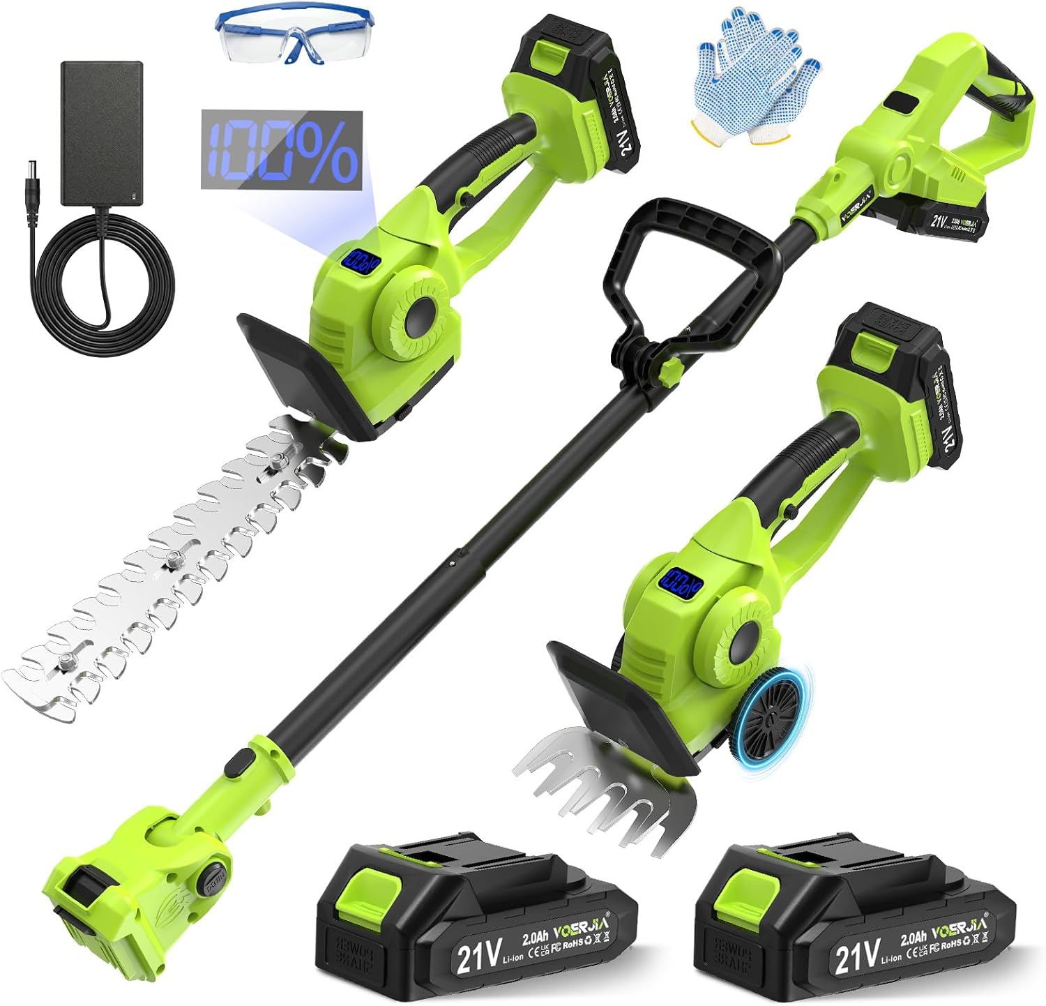 4-in-1 Akku Grasschere & Strauchschere mit 115cm Verlängerungsstange (165cm Reichweite), 21V Gartenschere mit Rollen, 650W, 180° verstellbar, 2 Akkus – für Rasenkanten, Hecken & Formschnitt