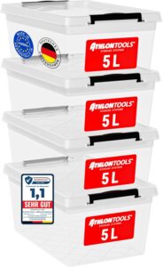 ATHLON TOOLS 4 x 5 L Aufbewahrungsboxen mit Deckel, lebensmittelecht - Verschlussclips - 100% Neumaterial Plastik-Box transparent - Kleiderboxen stapelbar…