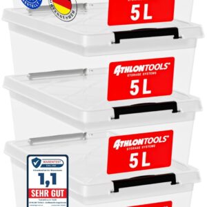 ATHLON TOOLS 4 x 5 L Aufbewahrungsboxen mit Deckel, lebensmittelecht - Verschlussclips - 100% Neumaterial Plastik-Box transparent - Kleiderboxen stapelbar…