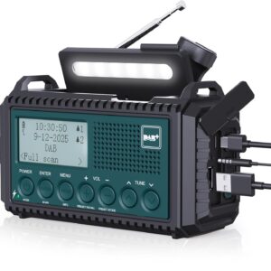 Kurbelradio DAB/DAB+/UKW, Baustellenradio Radio Batteriebetrieben, Tragbare Solar Notfallradio mit 5000mAh Wiederaufladbare Akku, LED Taschenlampe & Leselicht, IPX4, SOS-Alarm für Outdoor, Camping