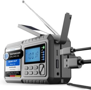 Kurbelradio | Notfallradio mit Kurbel & 5000 mAh Akku | Solar Radio mit Weltempfänger | Handkurbel Blackout Notfallausrüstung | Als Taschenlampe & Ladegerät, AM/FM/SW, mit USB, Grau