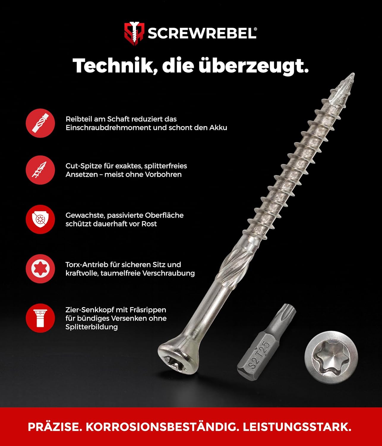 SCREW REBEL Terrassenschraube ST-FIX Edelstahl C1 5,0 x 50mm - 500 Stück inklusive S2-Bit, TX 25, Zier-Senkkopf, Schaftfräser, Sägezahn Gewindeschliff, Cutspitze, Dielenschraube gewachst – Bild 2